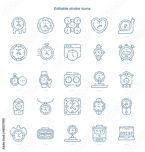 Watch and Clock stroke icon. Watch and Clock line icon set. editable stroke icon pack