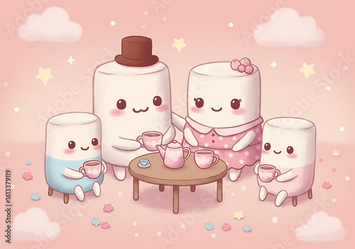 Cartoon Family Having Tea Party Illustration with Clouds and Stars