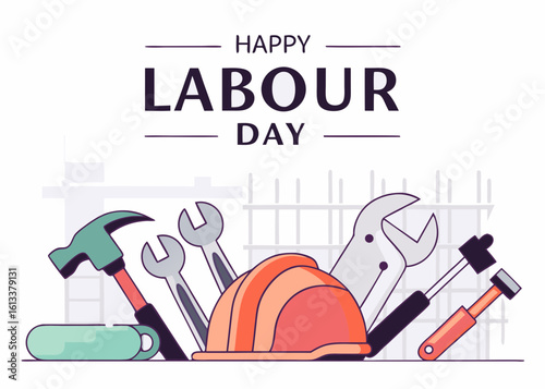 Happy Labour Day celebration with construction tools and helmet on white background illustration vector