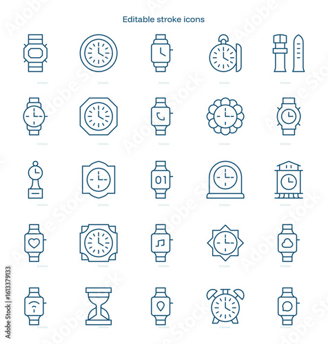 Watch and Clock stroke icon. Watch and Clock line icon set. editable stroke icon pack