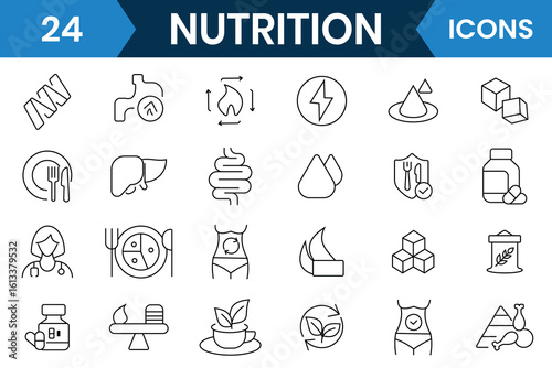 Nutrition icon set. Healthy food linear icon collection. Icon for food, vegetables, water, fruits, dietary fiber, protein, vitamins, carbohydrate and more. Vector illustration.