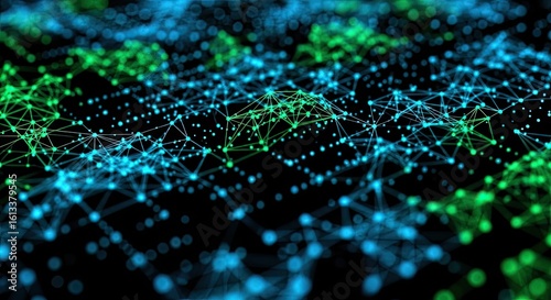 Stunning abstract network of glowing nodes and lines creates a dynamic digital data stream with vibrant blue and green hues