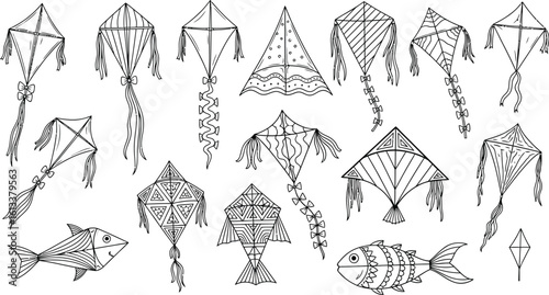 Collection of kites vector illustration drawing kites designs kite art kite patterns kite outline