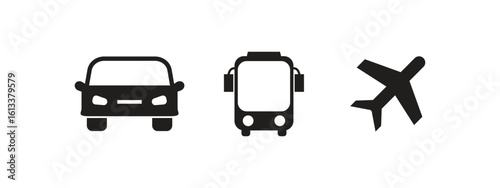 Black silhouette icons of a car bus and airplane on a plain white background