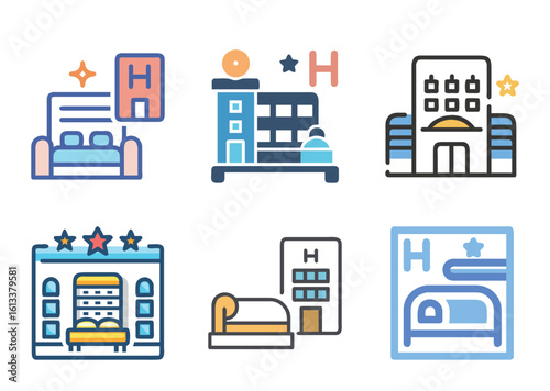 Hotel icons depicting various lodging establishments and their amenities in vector format