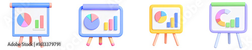 Colorful chart graph and pie chart illustrations on easels 3D render business presentation data analysis playful and creative style isolated on transparent background