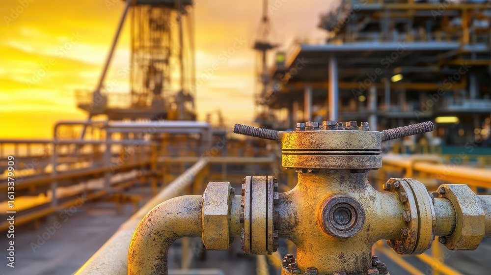 Obraz premium Pipe Connection in Industrial Plant Against Golden Sunset Sky