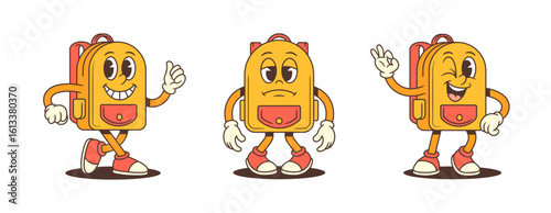 Energetic cartoon mascot designed as a school backpack showing cheerful, neutral, and playful moods. Ideal for kids education, branding, or classroom decor. Fun and expressive vector illustration