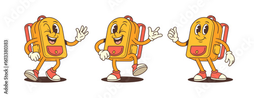 Cartoon backpack mascot featuring smiling, winking, and friendly expressions with walking poses, thumbs-up gestures. Perfect for educational content, school promotions and kid-friendly design