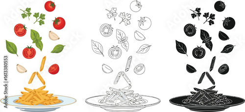 Delicious penne pasta illustration with fresh ingredients falling into plate vector design food art