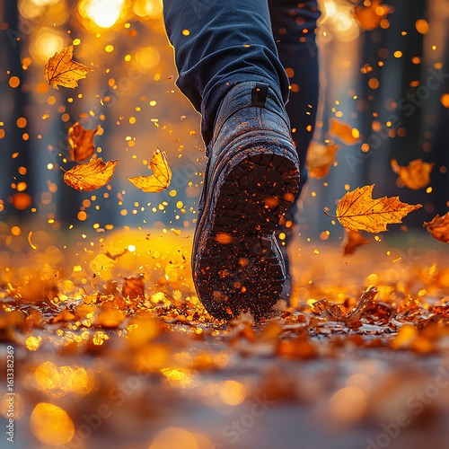 Close up of feet walking on autumn leaves generated.AI