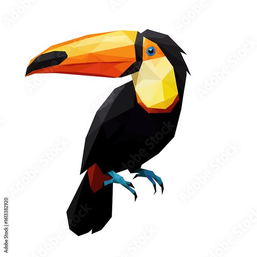 Low polygon illustration of a toucan bird perched, featuring a large orange beak and black feathers against a white background.