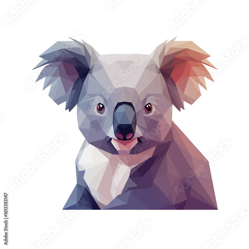 Geometric Koala Portrait: A stylized polygonal depiction of an adorable koala, exuding charm with its soft fur, captivating gaze, and delicate features, crafted in a modern, geometric style.
