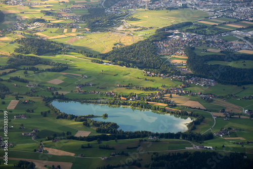 Scenic Aerial View of Amsoldingen and Lake Amsoldingersee