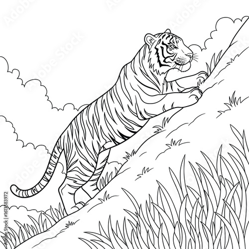 Cartoon Tiger Climbing a Grassy Hill — Black and White Line Art Illustration for Jungle-Themed Coloring Books and Wildlife Education Resources