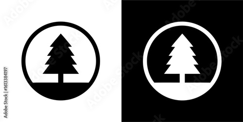 Minimalist pine tree icon in a circle, a simple vector graphic symbol. Black and white set for nature, forest, or outdoor themes.
