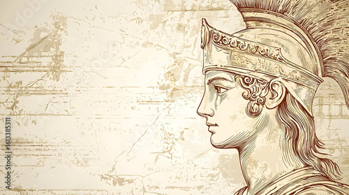 Profile view of a classical warrior, detailed line drawing, set against a textured backdrop evoking antiquity.  Intricate helmet and armor details