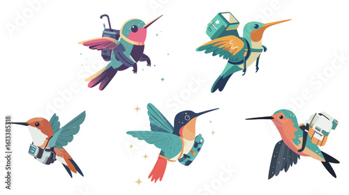 Astronaut Hummingbird Floating in Outer Space – Surreal Sci-Fi Animal in Spacesuit with Cosmic Background