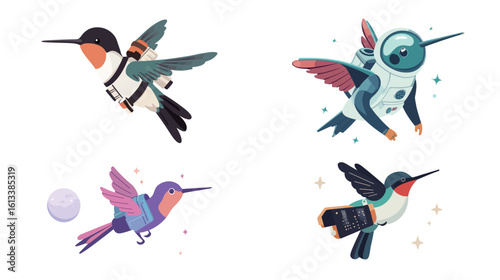 Astronaut Hummingbird Floating in Outer Space – Surreal Sci-Fi Animal in Spacesuit with Cosmic Background