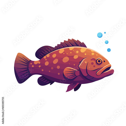 Ocean's Jewel: A vibrantly illustrated fish, bursting with shades of orange and purple, swims gracefully amidst gentle bubbles, exuding a sense of oceanic beauty.
