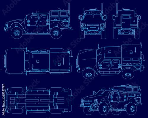 Detailed blueprint of an armored military truck with labeled parts like headlights, grille, and wheels. The white contour lines stand out sharply against the blue background.