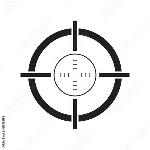Black crosshair reticle with concentric circles and hash marks aiming targeting