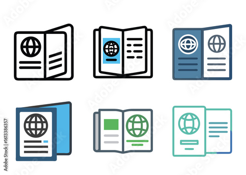 Set of six passport icons with different colors and styles