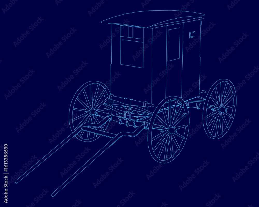 Fototapeta premium A horse-drawn carriage with intricate detailing stands out against a solid blue background. The retro cart features four distinct wheels and a well-defined contour.