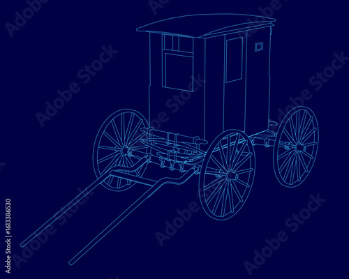 A horse-drawn carriage with intricate detailing stands out against a solid blue background. The retro cart features four distinct wheels and a well-defined contour.