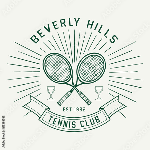 Vintage Tennis Club Emblem. Beverly Hills Vector T-Shirt Design. Racket Tournament. Retro Varsity Tennis Logos Print And Other.