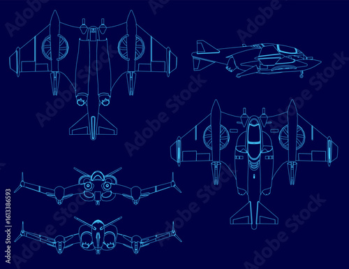 Bild auf Leinwand Detailed blueprint of a fighter jet with labeled components on a blue background