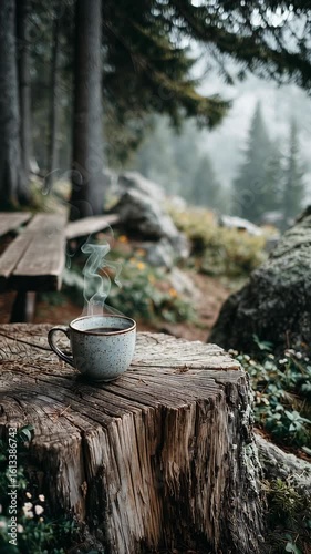 Enjoying a warm cup of coffee in a serene forest setting surrounded by trees and nature in the early morning light
