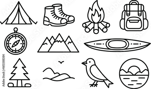 Line art icons depicting camping hiking and outdoor adventure activities