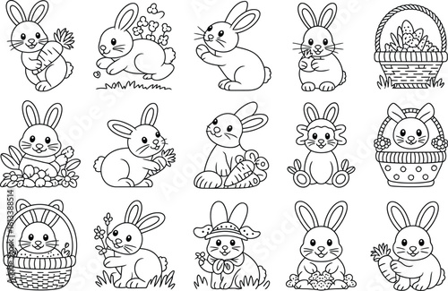 Collection of easter bunny outlines in various poses and arrangements
