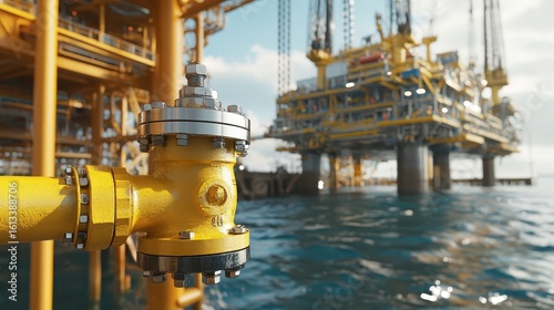 Yellow Valve on Oil Rig at Offshore Platform Under Blue Sky