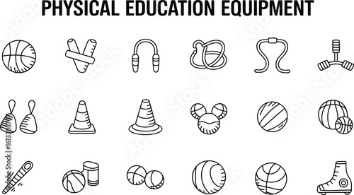 Illustration of various physical education equipment in outline style