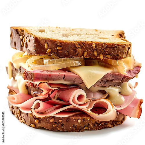 Layered Deli Sandwich with Sliced Meats, Cheese, and Onions on Whole Grain Bread