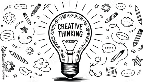 Illustration of a lightbulb with creative thinking text and doodle elements