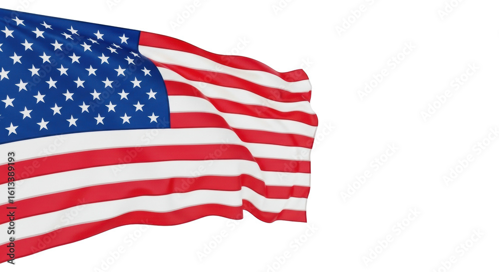 Fototapeta premium A vibrant American flag with crisp details gently waving, set against a transparent seamless studio background with ample copy space on the right. Concept of patriotism and national identity