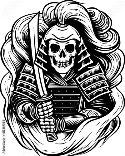 SVG of a samurai skull and skeleton in a powerful detailed tattoo style. Samurai Warrior Skull with Sword and Flowing Hair in Black and White