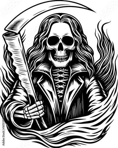 SVG of a samurai skull and skeleton in a powerful detailed tattoo style. Grim Reaper with Scythe Surrounded by Ethereal Flames in Black and White
