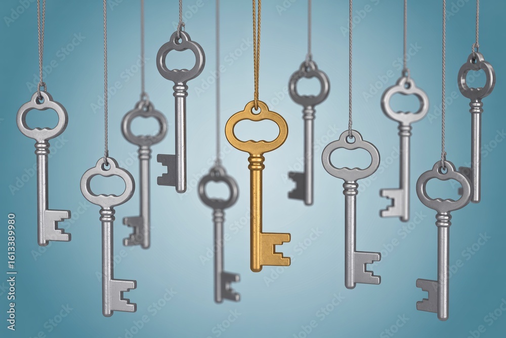 Golden key standing out among silver keys, leadership, uniqueness, opportunity, success, vintage concept. Golden key standing out among silver keys, leadership, uniqueness, opportunity, success, vintage concept.