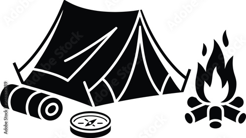 Black and white camping scene with tent, fire, compass, and sleeping bag
