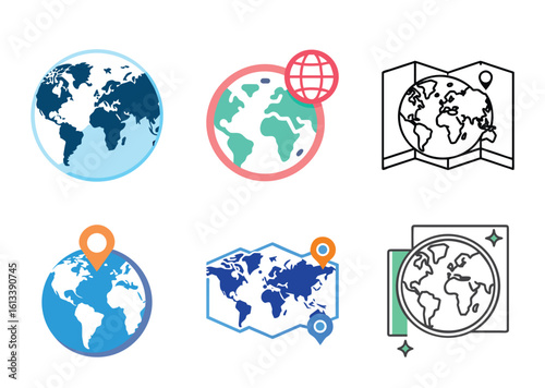 Collection of globe and world map icons representing international travel and global connections