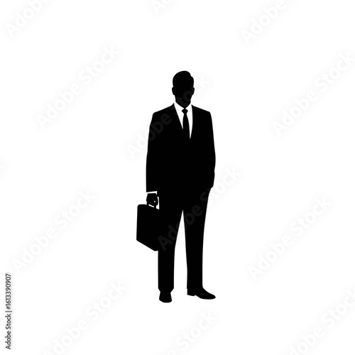 Business Silhouette: A sharply dressed silhouette of a businessman, holding a briefcase, exudes professionalism and confidence, embodying the essence of business and corporate life.