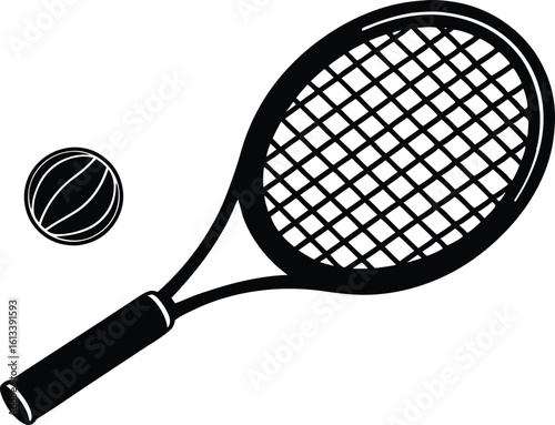 Tennis Racket and Ball Silhouette Vector, Tennis Symbol Vector Art, Dynamic Tennis Racket and Ball Vector

