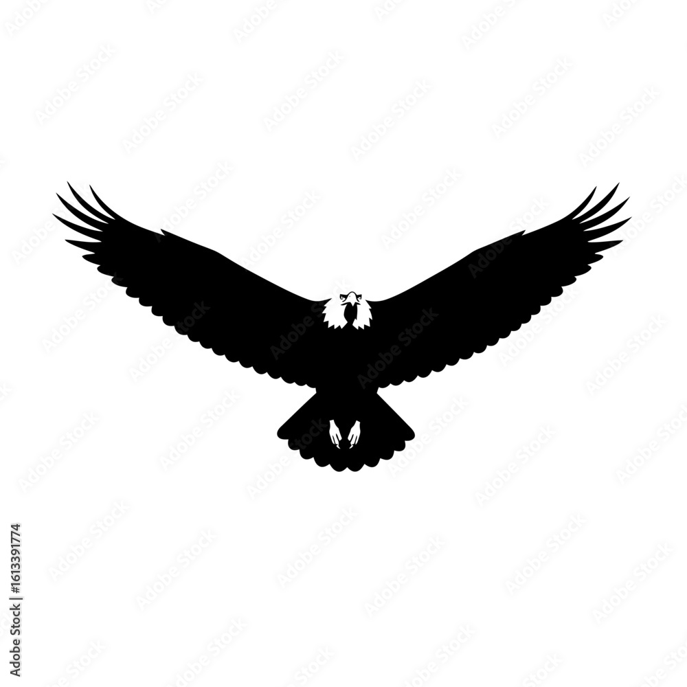 Naklejka premium Soaring Silhouette: A striking silhouette of an eagle in mid-flight, its powerful wings outstretched, embodies freedom and majesty against the boundless sky.