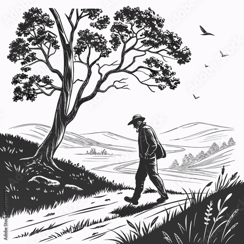 Man in hat walks on path through rolling hills under a large tree