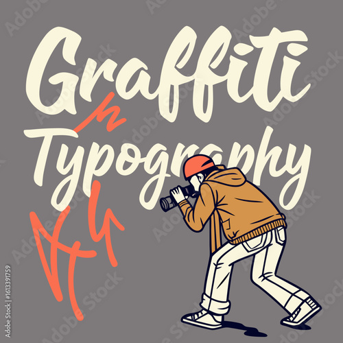 Graffiti typography artist capturing street art with camera