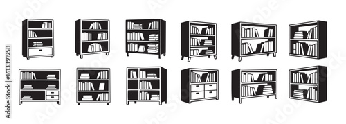Bookshelf Icon Set, A versatile collection of black and white vector icons depicting various bookshelves filled with books, in different perspectives